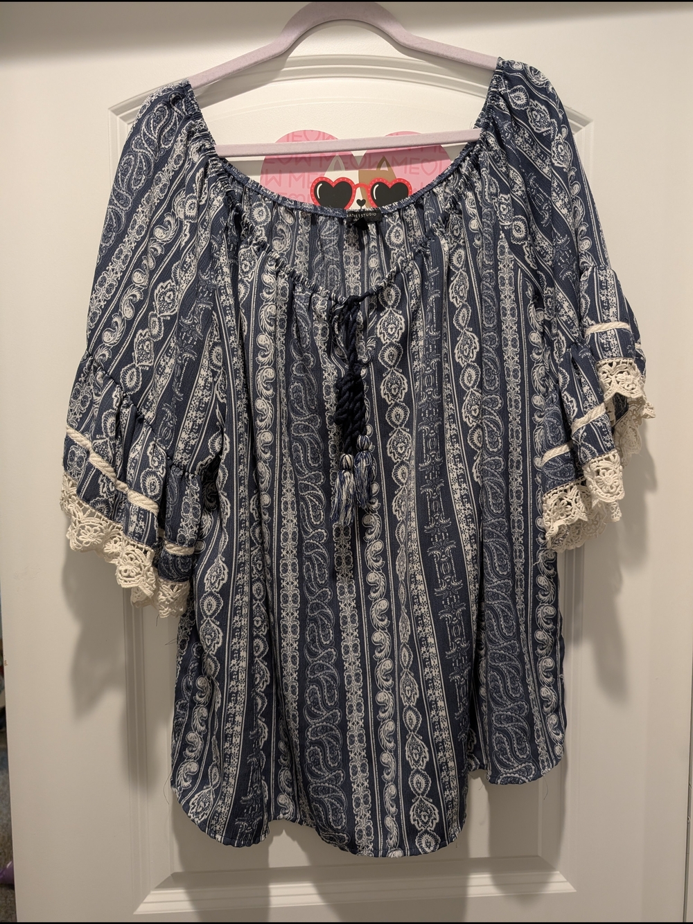 Signature Studio Navy Paisley Peasant Blouse with Cream Crochet Trim
